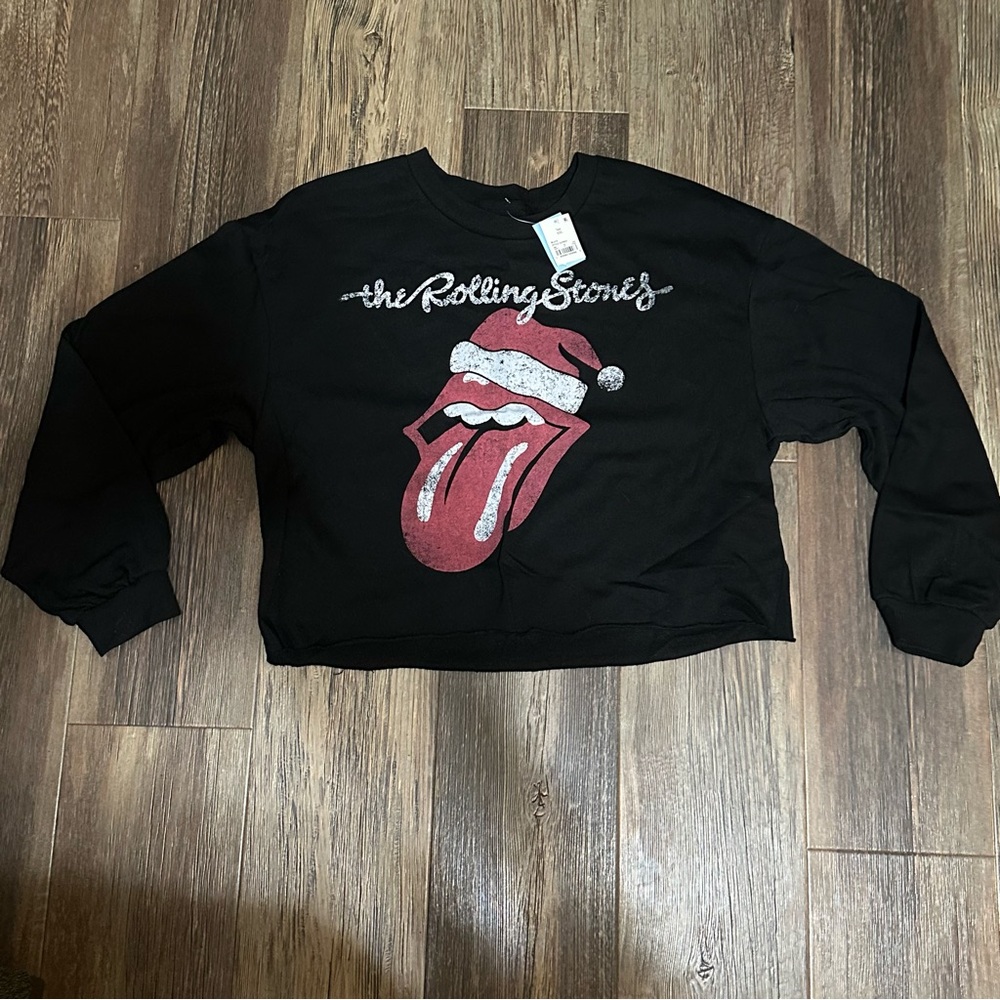 Rolling Stones Santa hat Christmas crew BLACK crop sweatshirt women's XXL NEW